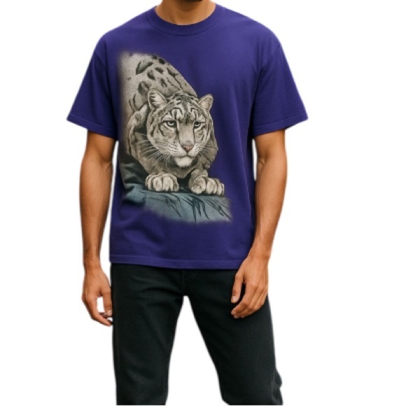 Vintage 90s Men’s Single Stitch Snow Leopard Graphic T-Shirt Indigo Blue Crew L - Picture 1 of 11